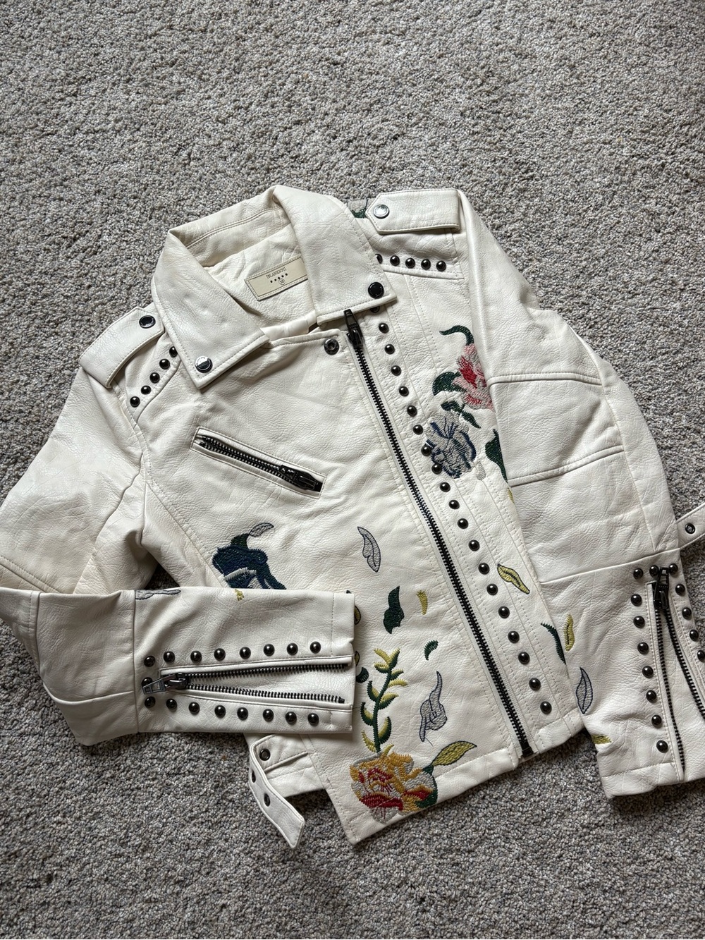 Women's Cream Embroidered Studded Moto Jacket